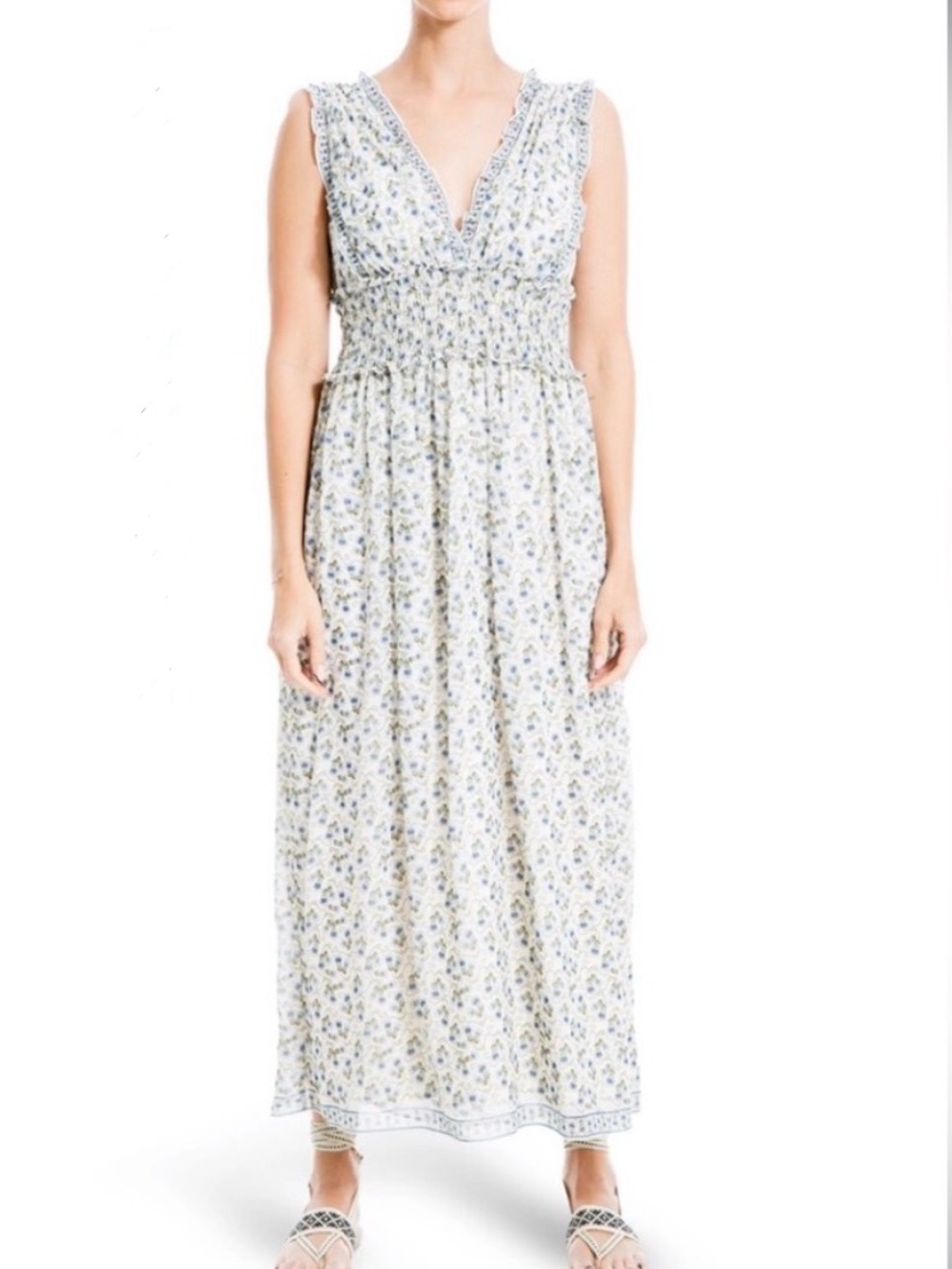 Max Studio Goddess Smocked Sundress w Bluebell Vine Flower Print sz Large